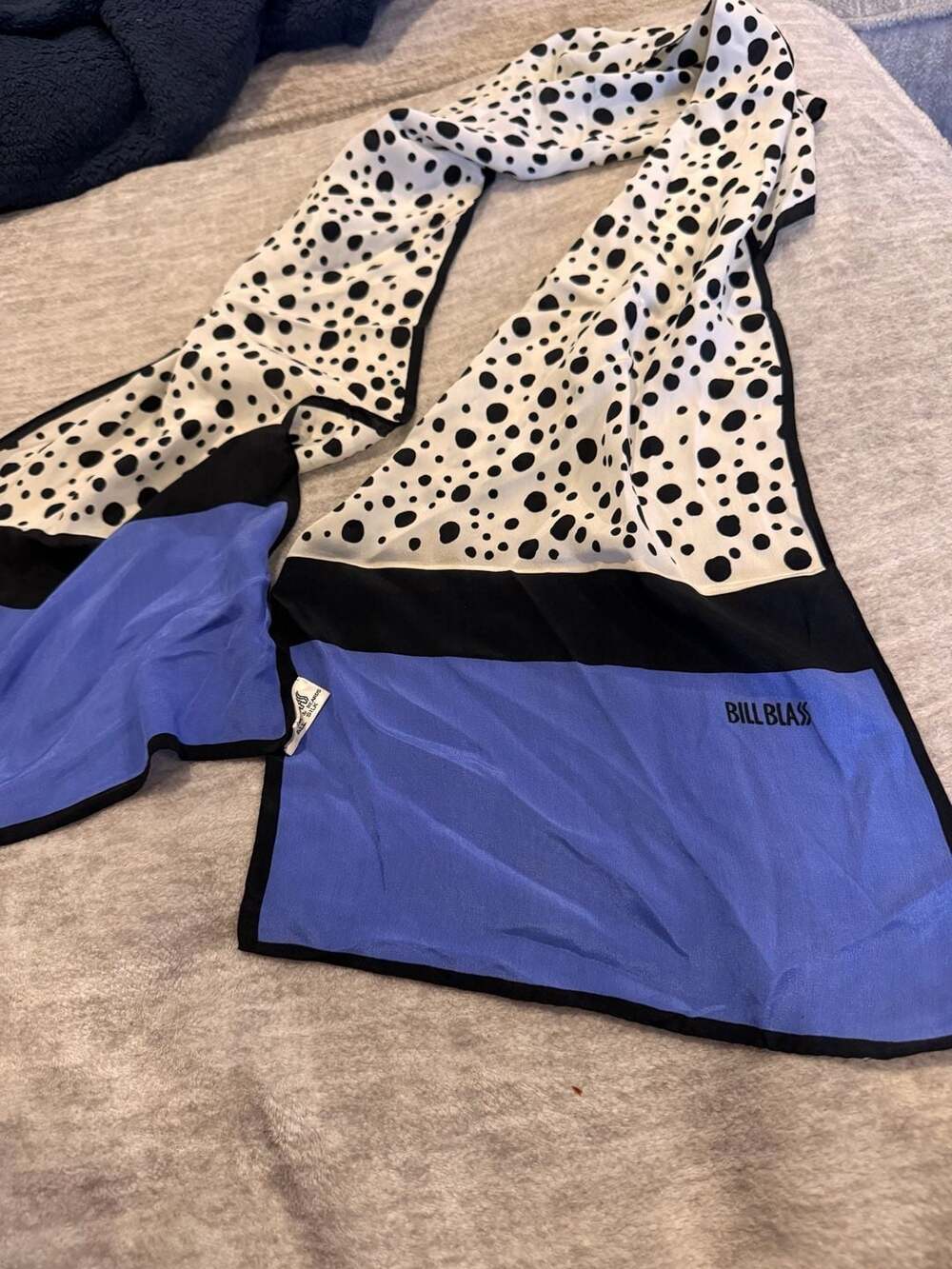 Bill Blass Vintage Silk Scarf Polka Dot Blue Black White